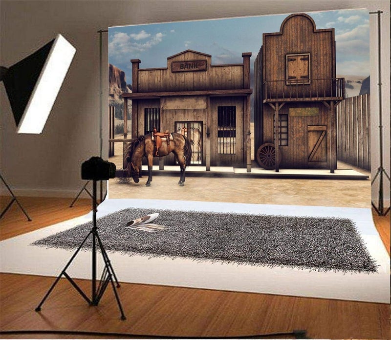 AOFOTO 8x6ft Retro Western Bank Town Photography Backdrop Vintage Rustic Wood House Horse Scene Barn Cabin Saloon Old West Theme Party Decoration Background Boy Men Cowboy Photoshoot Studio Props - Image 2